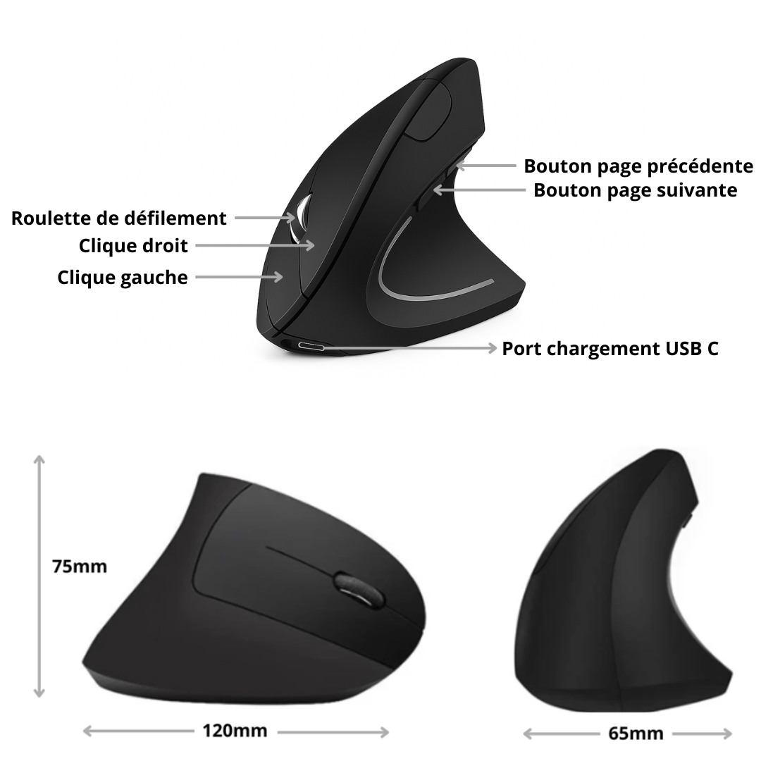Souris Gamer Ergonomique Sans Fil – Bluetooth 5.2, Verticale, Rechargeable, Ultra Confort pour Droitier"