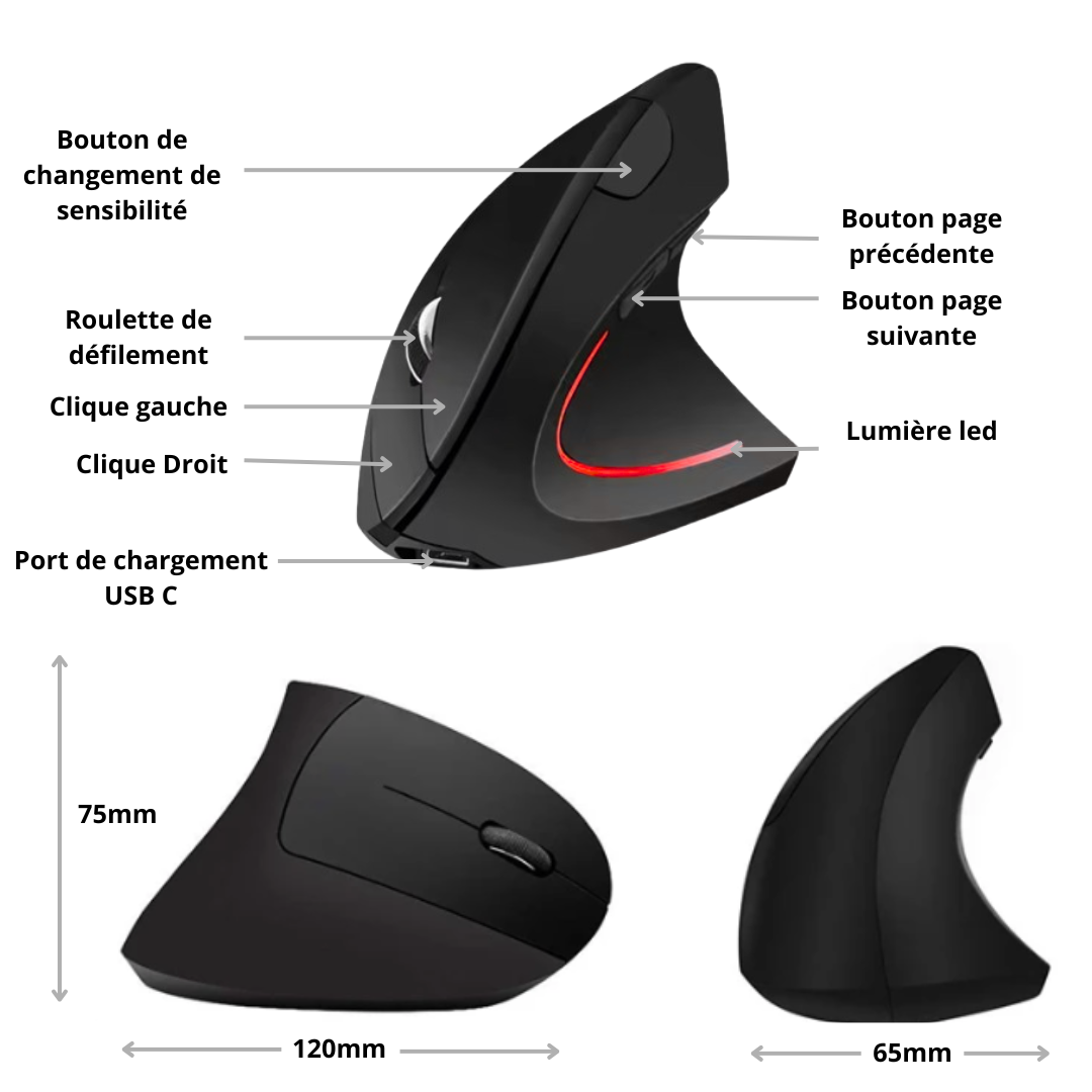 Souris Gamer Ergonomique Sans Fil – Bluetooth 5.2, Verticale, Rechargeable, Ultra Confort pour Droitier"
